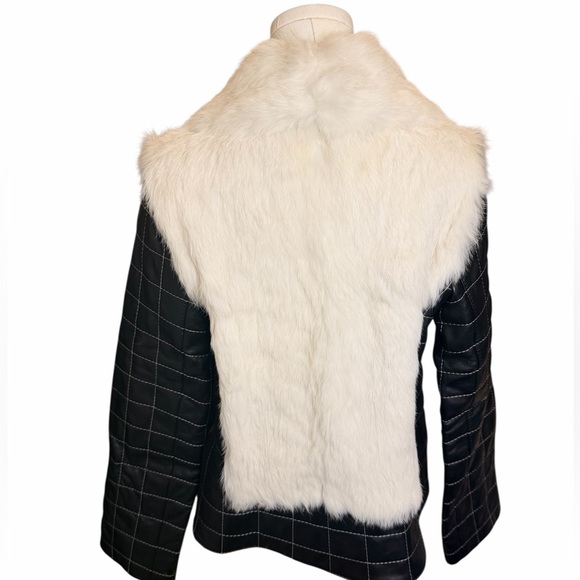 Black Leather & Cream Fur Jacket | Quilted Sleeve Luxe Winter Coat XL - Picture 3 of 9